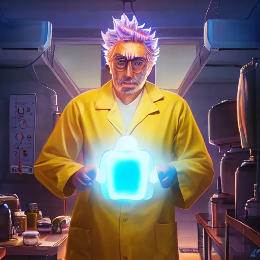 Image similar to portrait art of rick sanchez, lab coat, unibrow, 8 k, lens flare, atmosphere, glow, detailed, intricate, full of colour, cinematic lighting, trending on artstation, 4 k, hyperrealistic, focused, extreme details, unreal engine 5, cinematic, masterpiece