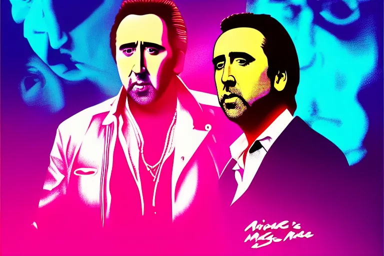 Image similar to nicolas cage in “ miami vice ” artwork, 4 k digital art, neon, 8 0's style