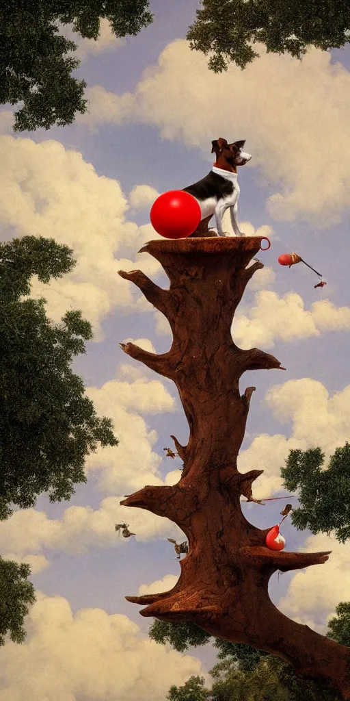 Prompt: matte painting of a jack russel terrier on a red ball balancing on a small house balancing on a pine tree, very tall, in the sky, surrounded by clouds, birds eye view, highly detailed, disney, style of maxfield parrish, in the style of lady and the tramp