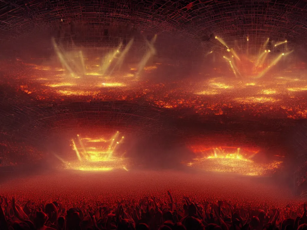 Image similar to a large concert stadium in hell, brightly lit stage centered and on fire, high contrast, stage lighting, pyrotechnics, ghibli animated film, volumetric lighting, octane render by stanley artgerm lau, greg rutkowski, thomas kindkade, alphonse mucha, loish, norman rockwel,