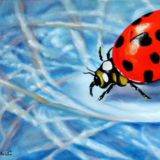 Image similar to a painting of a ladybug on ice