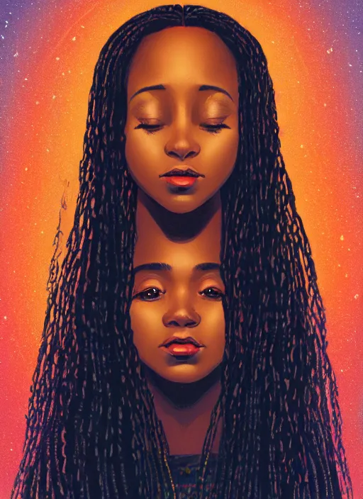 Image similar to full - length portrait of a young black woman with long flowing hair, wearing a flowing sundress, standing in front of a starry galaxy, detailed face, fantasy, cinematic lighting, digital art painting, fine details by realistic shaded lighting poster by ilya kuvshinov katsuhiro otomo, magali villeneuve, artgerm, jeremy lipkin and michael garmash and rob rey