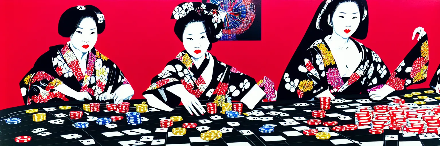 Image similar to hyperrealism composition of the detailed woman in a japanese kimono sitting at an extremely detailed poker table with darth vader and stormtrooper, fireworks on the background, pop - art style, jacky tsai style, andy warhol style, acrylic on canvas