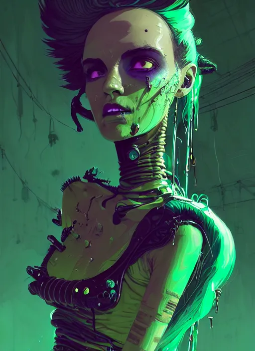 Image similar to highly detailed portrait of an moody wasteland punk long dripping green poison hair tribal lady, stray wiring by atey ghailan, james gilleard, by joe fenton, by greg rutkowski, by greg tocchini, by kaethe butcher, 4 k resolution, gradient purple, brown black and white color scheme!!! ( ( green flaming robotic sewer background ) )