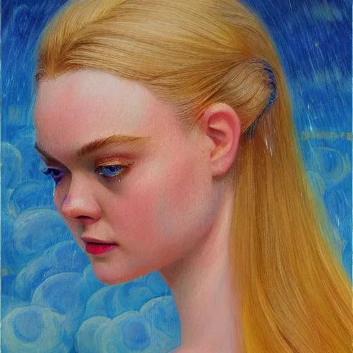 Prompt: professional painting of Elle Fanning in the style of Victor Nizovtsev, head and shoulders portrait, symmetrical facial features, smooth, sharp focus, illustration, intricate, stormy weather, extremely detailed masterpiece,