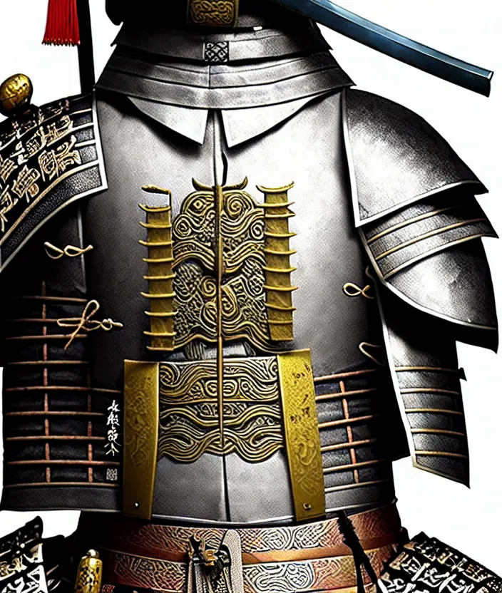 Prompt: detailed photorealistic ancient japanese samurai warrior soldier with traditional japanese engravings and ornamentation on armour and weapons, and shining metallic 3 d surfaces, japanese calligraphy, wide angle, 3 d