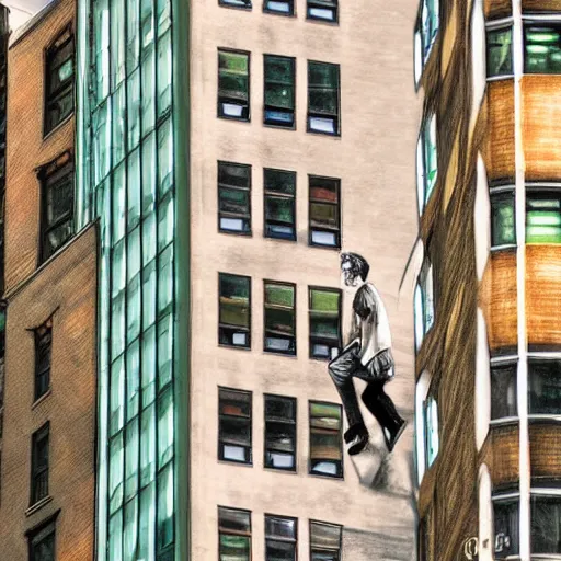 Prompt: art style based on light beams and wires is adoperated to picture a guy sitting on a window. high building. new york.