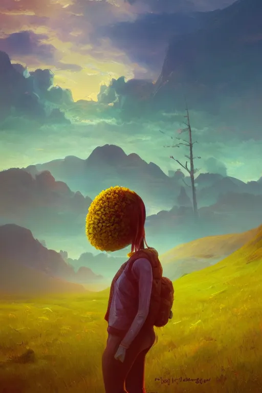 Image similar to giant daisy flower head, girl hiking in the mountains, surreal photography, sunrise, dramatic light, impressionist painting, colorful clouds, digital painting, artstation, simon stalenhag