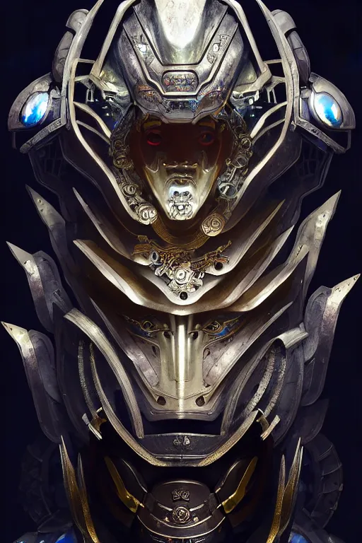 Image similar to asura from chinese myth, ghost, luxurious armor mixed with leather and metal, dystopian, cyberpunk, mecha, halfturn portrait of a big crystal face made of crystals half - turn, ominous, intricate, studio, art by anthony macbain + greg rutkowski + alphonse mucha, concept art, 4 k, sharp focus