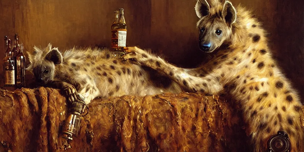 Image similar to an exhausted hyena girl in her studio with a bottle of whisky, fluffy, furry pelt, furry body. highly detailed painting by gaston bussiere, craig mullins, j. c. leyendecker 8 k