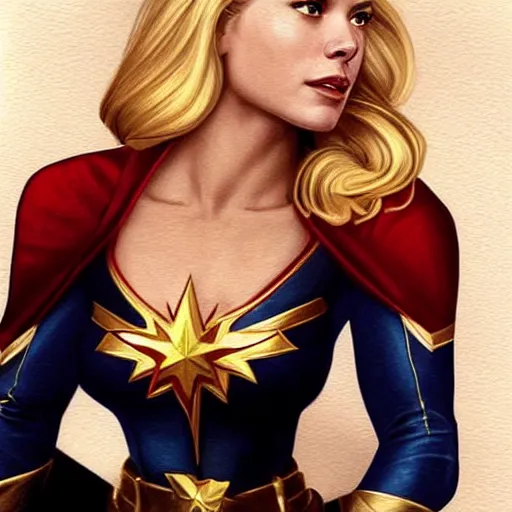 Prompt: A combination of Katheryn Winnick's and Grace Kelly's and Kristin Kreuk's faces with blonde hair as Captain Marvel, western, D&D, fantasy, intricate, elegant, highly detailed, digital painting, artstation, concept art, matte, sharp focus, illustration, art by Artgerm and Greg Rutkowski and Alphonse Mucha