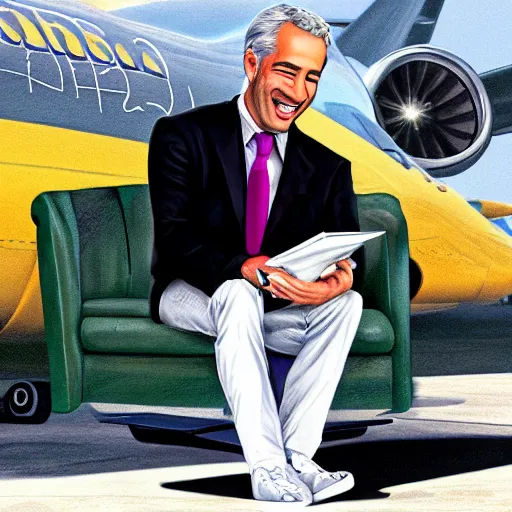 Image similar to Jeffery Epstein laughing with black book, in private jet background, colorful 16k hyper realistic digital art