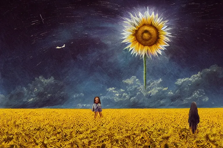 Image similar to giant sunflower as a head, girl walking in wheat field, hills, surreal photography, dark night, star trails, dramatic light, impressionist painting, clouds, digital painting, artstation, simon stalenhag