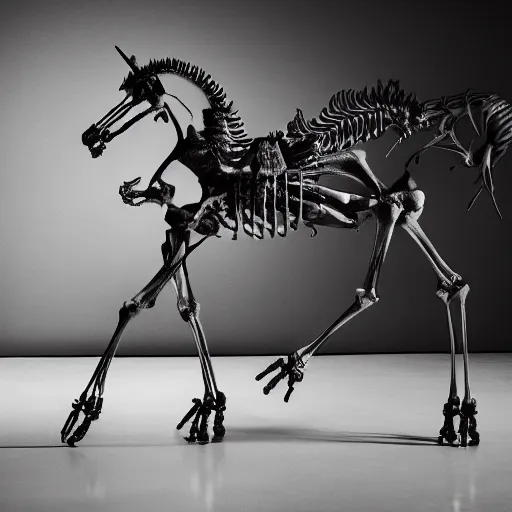 Prompt: an anatomical correct skeleton of a unicorn walking in a black room, photographed by andrew thomas huang