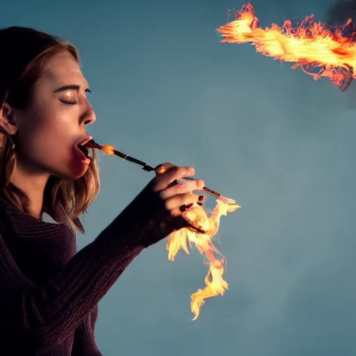 Image similar to photo of a woman blowing fire out of his mouth, movie scene, very real, astonishing, with fire effect