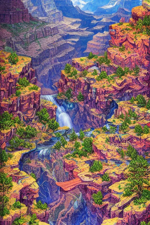 Prompt: landscape of waterfall in grand canyon neon colors, bird eye view, hyperdetailed illustration by kim jung gi, irakli nadar, intricate linework, bright colors, octopath traveler, final fantasy, unreal engine 5 highly rendered, global illumination, radiant light, detailed and intricate environment