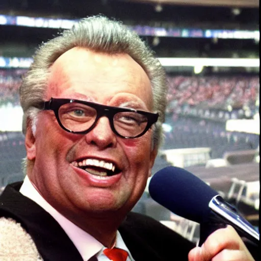 Prompt: harry caray singing in press box