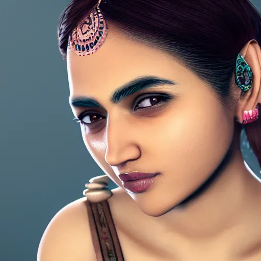 Prompt: a close-up on the beautiful face of an Indian woman in her 20s with a beetle crawling on her chin, trending on artstation, micro-details, 8k.