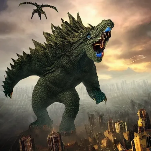 Prompt: giant kaiju with wings destroying a city, photo realistic, hyper realistic, extremely detailed