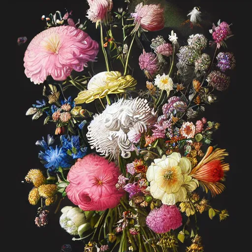 Image similar to a painting of a bouquet of flowers on a black background, a detailed painting by Earnst Haeckel, behance contest winner, fantasy art, made of crystals, detailed painting, digital illustration