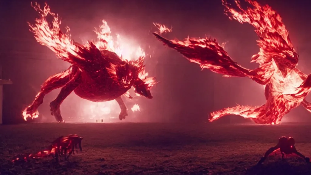 Prompt: a giant pokemon made of blood and fire floats through the living room, film still from the movie directed by Denis Villeneuve with art direction by Salvador Dalí, wide lens