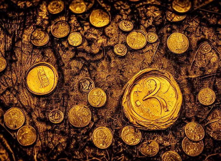 Image similar to old retro burnt out sepia photograph with scratches of an old and wrinkled hand holding a few golden coins with royal engravings. magical forest in the background with bokeh. Antique. High quality 8k. Intricate. Sony a7r iv 35mm. Award winning. Zdzislaw beksinski style