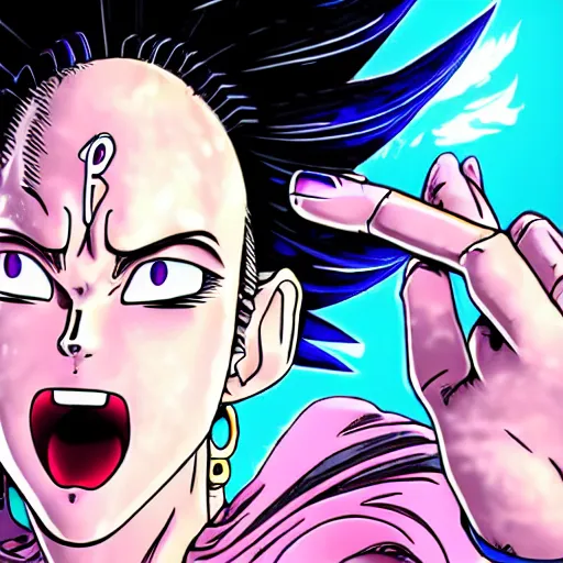 Image similar to a modern age goddess of death in the style of akira toriyama in the style of Hirohiko Araki detailed realistic High Resolution HD 8k