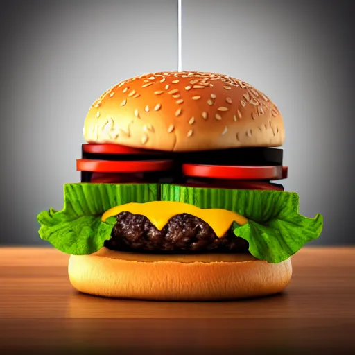 Image similar to a burger in the shape of a cat, with fries, volumetric lighting, 4 k