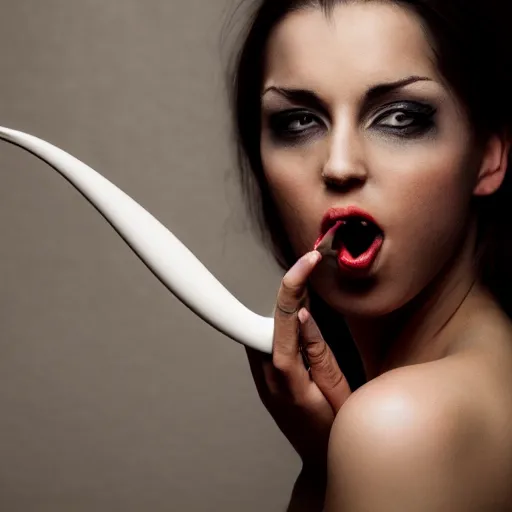 Prompt: detailed conceptual photography of beautiful woman with horn looking at camera / sticking her tongue like rolling stone logo / dramatically / intricate / sharp focus / rendered / center of interest