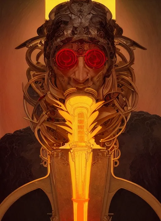 Prompt: the god hephaestus, ash hair, glowing eyes, volumetric lights, yellow and red scheme, art nouveau botanicals, gothic, intricate, highly detailed, digital painting, artstation, concept art, smooth, sharp focus, symmetric face, illustration, steampunk, art by artgerm and greg rutkowski and alphonse mucha