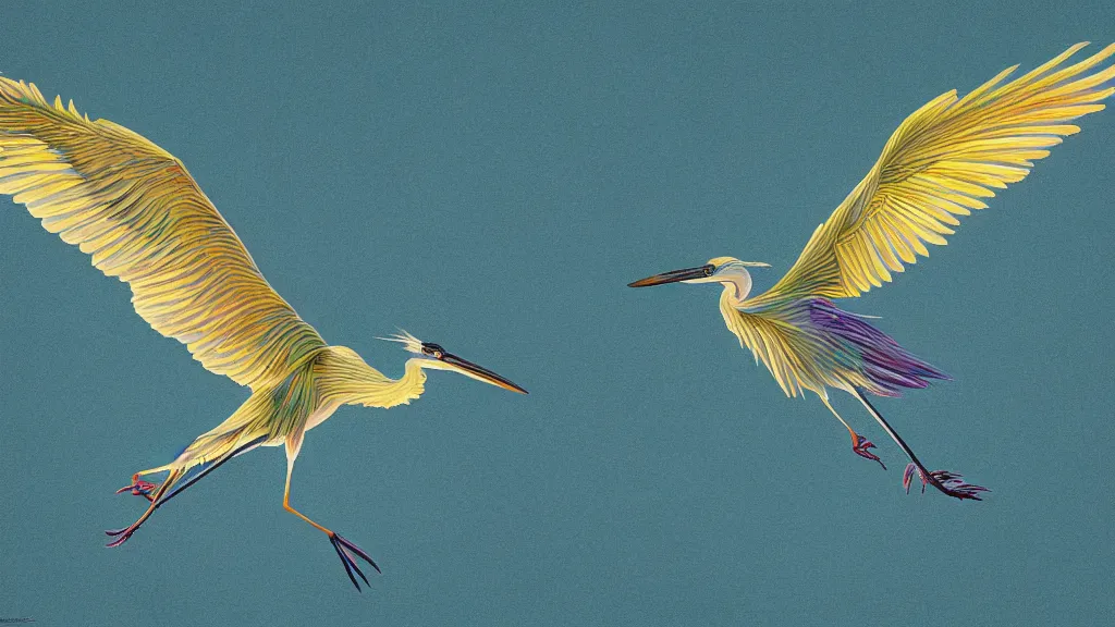 Prompt: a flying heron, highly detailed, artistic composition, sharp focus, intricate concept art, digital painting, colorful flat surreal design, dramatic lighting