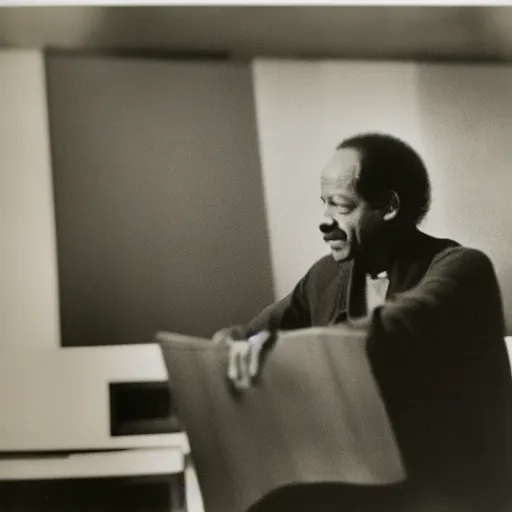 Prompt: sherman hemsley sitting at a recording console in a recording studio, faded photograph from 1 9 8 2