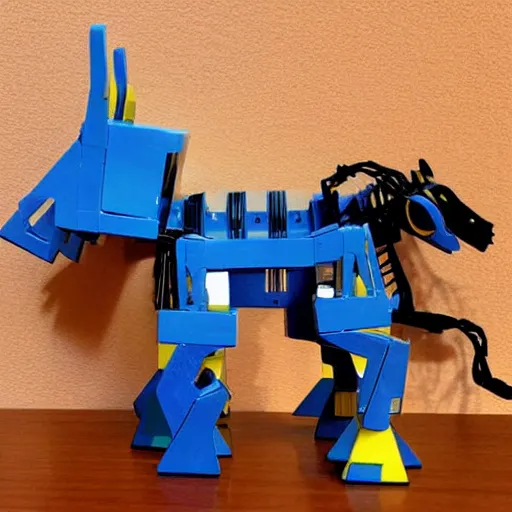 Prompt: 1 9 8 0 s transformers toy of an audio cassette that can be changed into a robot horse, shown in both configurations