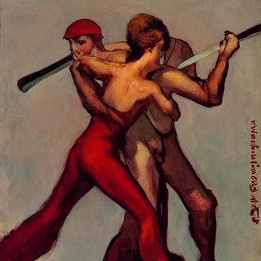 Prompt: by frank miller, by zinaida serebriakova maroon soothing. a performance art of two people, one a demon & the other a human, fighting each other with swords.