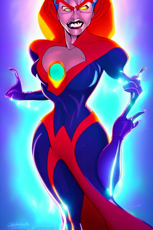 Image similar to a supervillainess with hypnotic powers, glowing energy effects, full color digital illustration in the style of don bluth, artgerm, artstation trending, 5 k