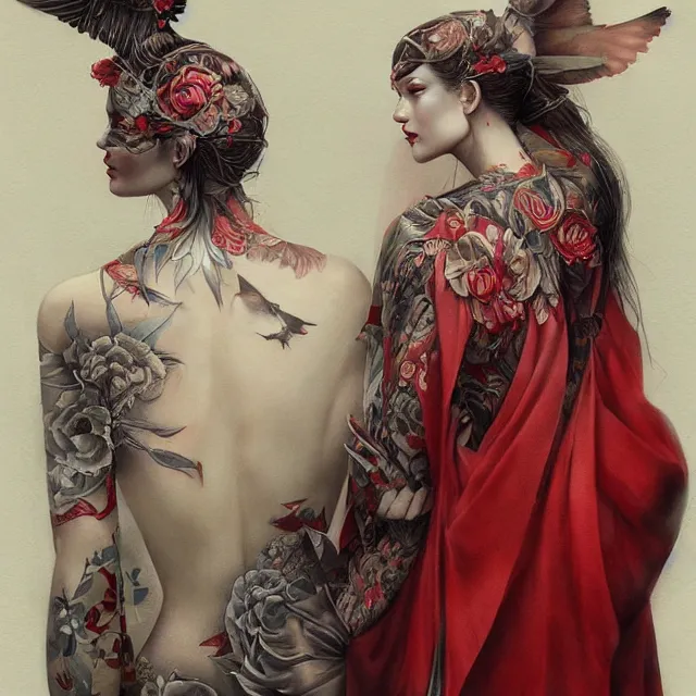 Image similar to ultra realistic illustration, beautiful ethereal woman dressed in red kimono, backview, tattoos, in the style of peter mohrbacher by weta digital and beth cavener, high face symmetry, intricate, masterpiece, award winning, high face symmetry, intricate