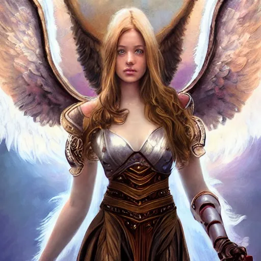 Image similar to portrait of young aasimar angel girl maiden wearing comfy leather armor with beautiful feathered angel wings, cute face, brown eyes, Alison Williams, Blizzard, Diablo, by artgerm and greg rutkowski and alphonse mucha and andrei riabovitchev, 4k oil on linen, vivid colors, colorful, high dynamic range, HDR, intricate, elegant, highly detailed, digital painting, artstation, concept art, smooth, sharp focus, illustration