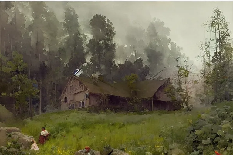 Prompt: watercolor painting of houses in distance, forest by edge of meadow, ambient lighting, dust, art by anders zorn and winslow homer, wonderful masterpiece by greg rutkowski, cinematic light, american romanticism by greg manchess, creation by tyler edlin