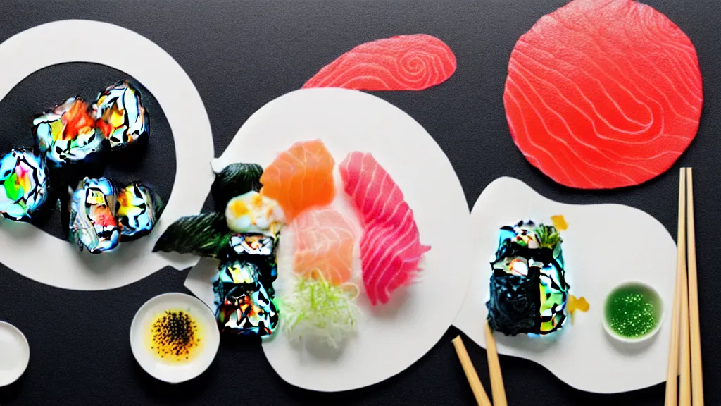 Image similar to an arrangement sushi on a white ceramic platteri, japan, a collage painting, in the style of wes anderson, lola dupre, david hockney, isolated on negative white space background dark monochrome neon spraypaint accents volumetric octane render