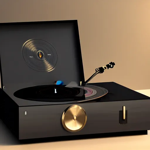 Image similar to vinyl player with kiwi record, octane render, unreal render, hyperrealistic textures