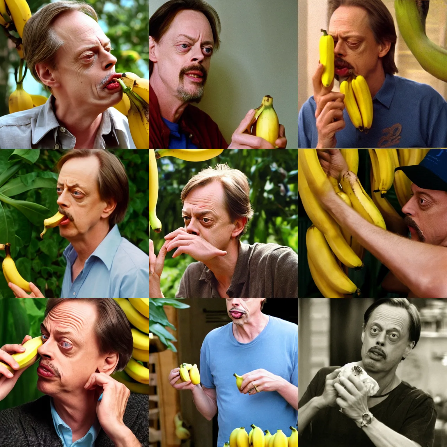 Prompt: steve buscemi smelling bananas