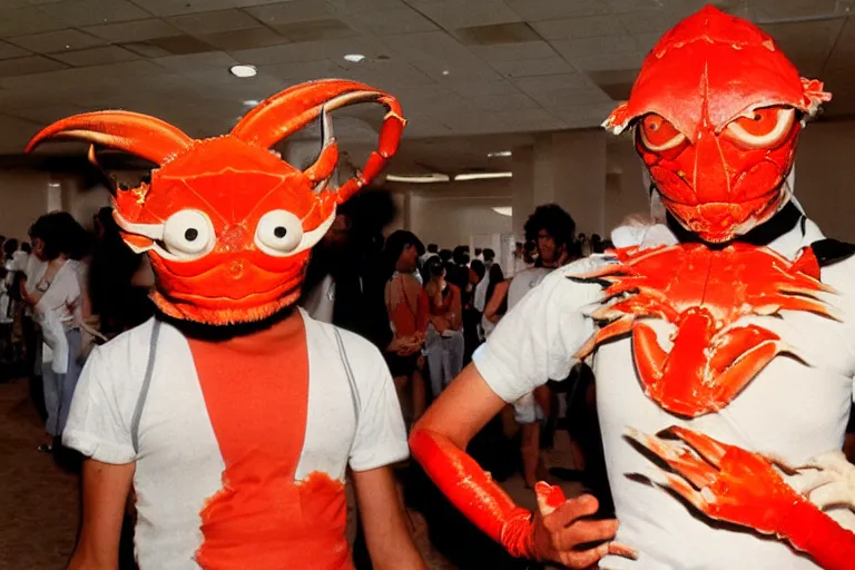 Image similar to cosplayer dressed like a crab, in 1 9 8 5, at an anime convention, royalcore, low - light photograph, photography by tyler mitchell