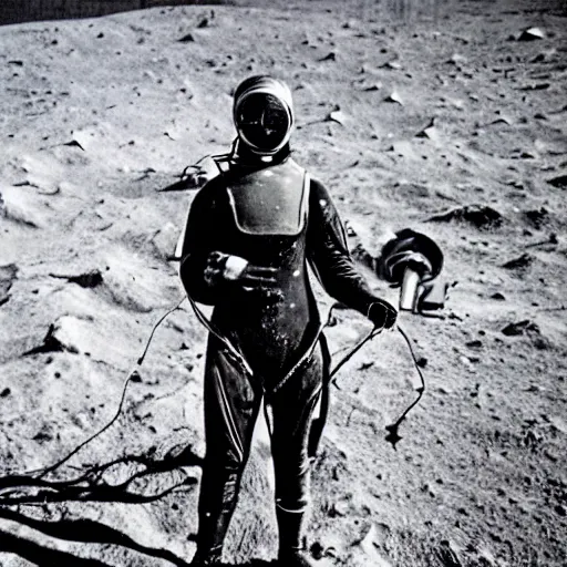 Prompt: detailed photo of a diver wearing an early diving suit on the moon holding an electric guitar. old diving suit. old diving suit photos. detailed. colorized. Adrienne Beacco Photography