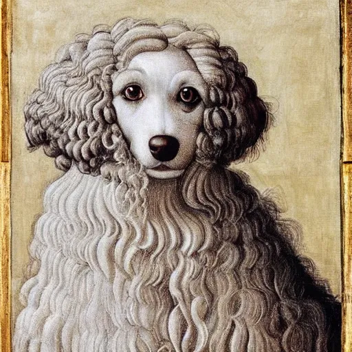 Image similar to portrait of a white labrododdle dog with curly white fur as an italian queen, painting by botticelli, 1 4 8 0 s