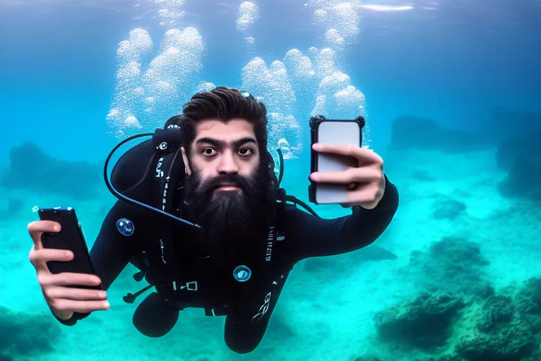 Image similar to high quality 4 k resolution photo of poseidon taking a selfie of himself underwater look king confused