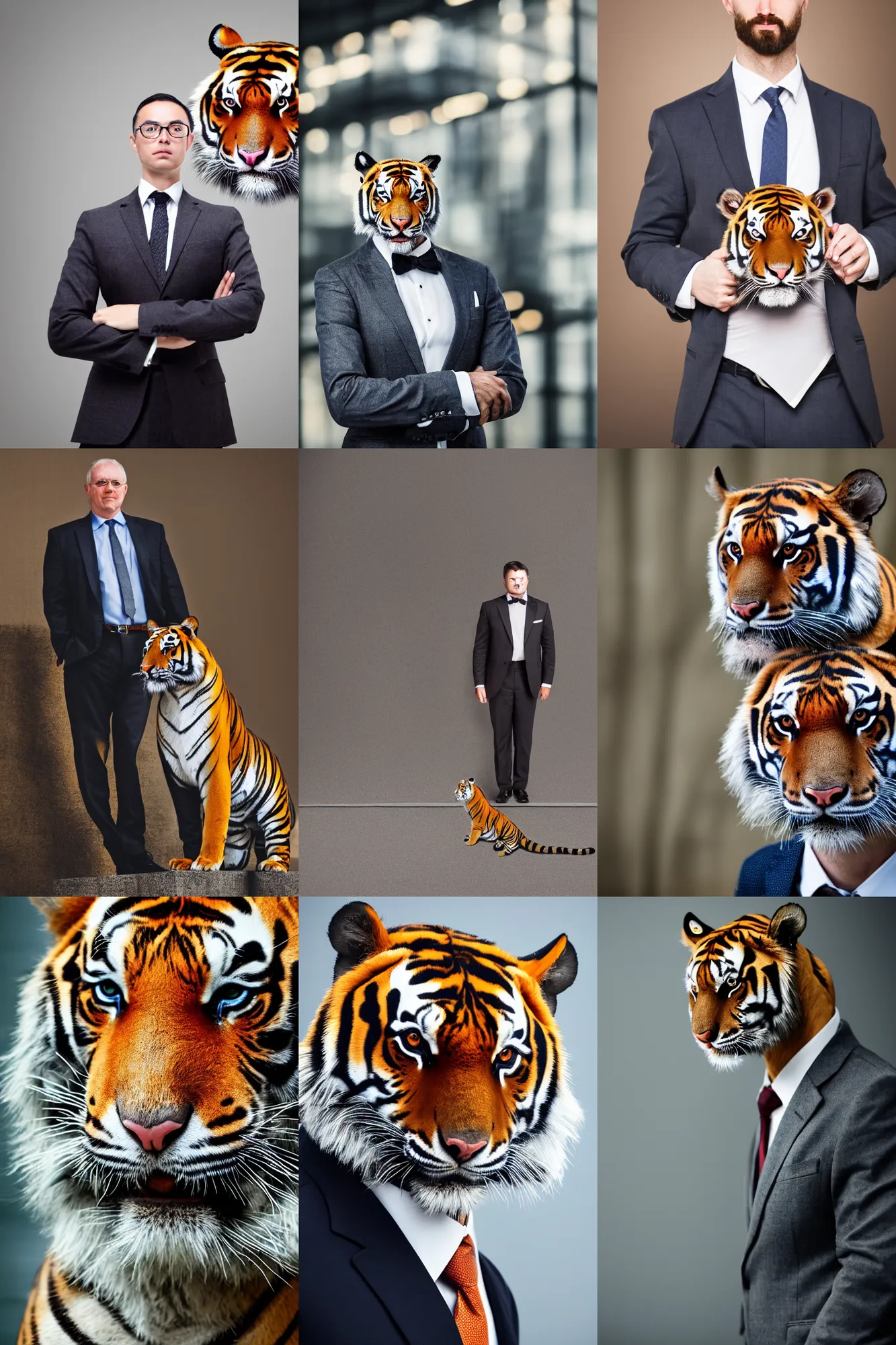 Prompt: high quality portrait photo of an industrialist tiger dressed in a dark business suit and tie, Anthropomorphic, photography 4k, f1.8 bokeh, 4k, 85mm lens, sharp eyes