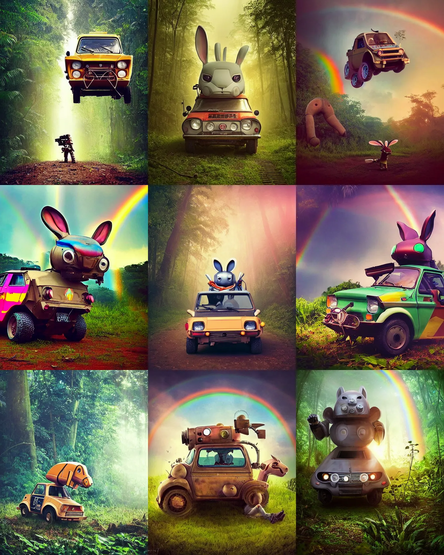 Prompt: epic chase!!!giant oversized battle rabbit robot chubby fat mech with big ears as fiat 126p , in jungle forest !!! , full body , sunset , rainbow, Cinematic focus, Polaroid photo, vintage , neutral dull colors, foggy ,by oleg oprisco , by victor enrich , by gregory crewdson , by discovery channel