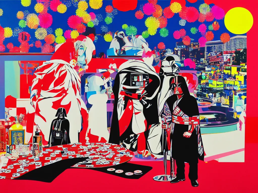 Image similar to hyperrealistic composition, in the middle a woman in a japanese kimono, behind her stands darth vader, in front of her a table from the casino, in the background is mount fuji and fireworks, pop - art style, jacky tsai style, andy warhol style, acrylic on canvas