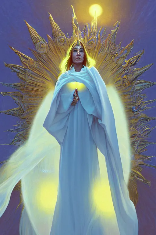 Image similar to the high Priestess of the sun god greets the day, 8k resolution digital painting by Michael Whelan, cinematic morning light
