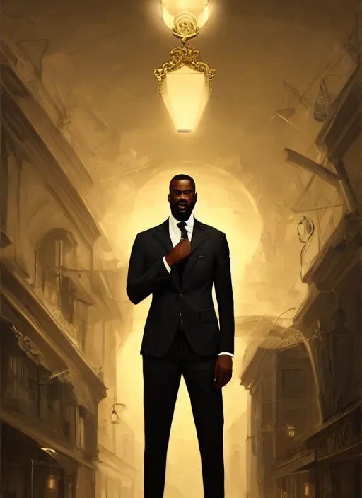 Image similar to portrait of handsome black genius in tailored suit, world map background, clean cut with goatee, intricate baroque thoughts, elegant atmosphere, glowing lights, highly detailed, digital painting, artstation, concept art, smooth, sharp focus, illustration, art by wlop, mars ravelo and greg rutkowski